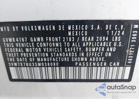 2025 Volkswagen Jetta 1.5T Se из США, поврежденный, VIN 3VW7X7BU3SM038080